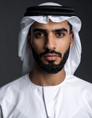Portrait of a serious young Arab man in traditional attire looking directly at the camera.