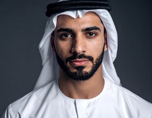 Portrait of a serious young Arab man in traditional attire looking directly at the camera.