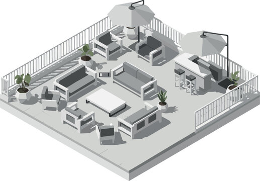 Isometric rooftop patio furniture arrangement with seating, tables, and bar area
