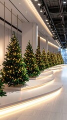 Row of beautifully decorated Christmas trees in a modern building interior, creating a festive and elegant atmosphere for the holiday season.