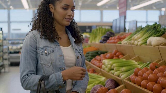 A young woman with long curly hair wearing a denim jacket selects a fresh red tomato from a colorful produce display in a brightly lit modern grocery store