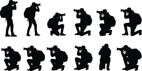 Photographer silhouette collection, camera shooting poses, professional photojournalist actions, kneeling standing angles, creative photography concept, black vector illustration set © Sayedmohammad