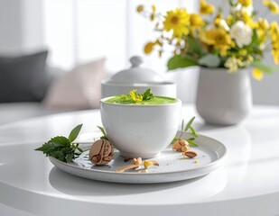 Vibrant Green Soup in a White Bowl on a Tray with Nuts and Herbs.