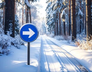 A snow-covered forest path leads toward a right-turn sign. The sun shines through the trees