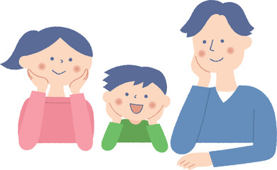 頬杖をつく若い夫婦と子供