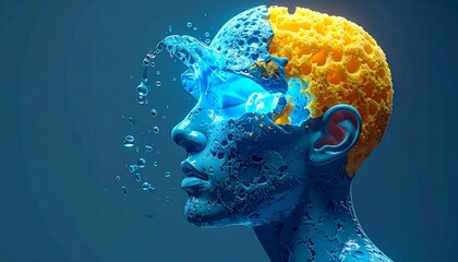 Obraz premium Abstract 3D bust of a stylized head with a yellow sponge brain absorbing glowing blue water