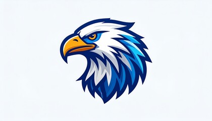 A stylized eagle head, rendered in a gradient of blue and white, with an orange beak. It faces the left against a white backdrop
