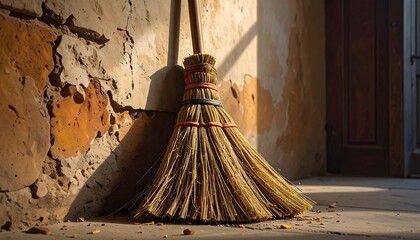 A straw broom leans against a weathered stone wall, its shadow cast by sunlight. Dust motes float near the base, revealing age and use
