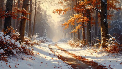 A snow-covered forest path winds through tall trees with vibrant orange leaves. Sunlight filters through the misty air