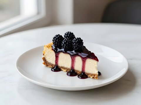 Blackberry Cheesecake Slice: A single slice of blackberry cheesecake topped with fresh blackberries and glossy blackberry sauce, placed on a white ceramic plate, minimal modern table setting
