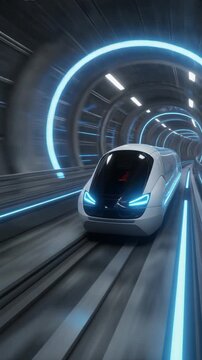 Futuristic hyperloop capsule gliding through a transparent vacuum tube at ultra high speed