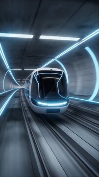 Futuristic hyperloop capsule gliding through a transparent vacuum tube at ultra high speed