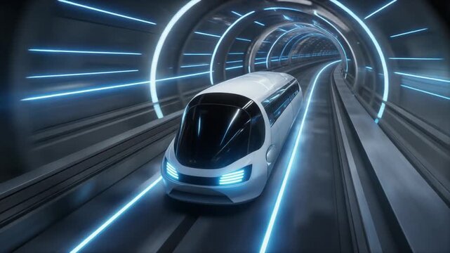 Futuristic hyperloop capsule gliding through a transparent vacuum tube at ultra high speed