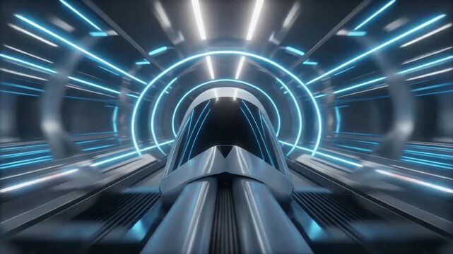 Futuristic hyperloop capsule gliding through a transparent vacuum tube at ultra high speed