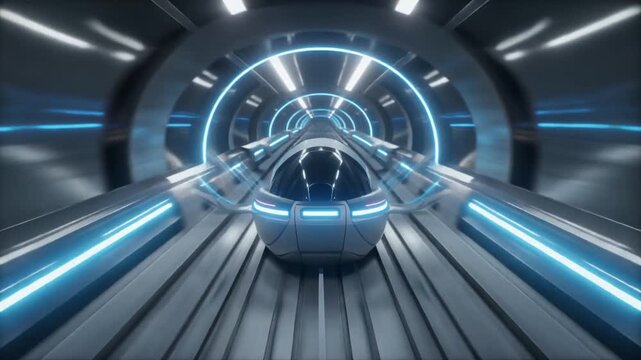 Futuristic hyperloop capsule gliding through a transparent vacuum tube at ultra high speed