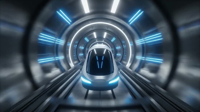 Futuristic hyperloop capsule gliding through a transparent vacuum tube at ultra high speed