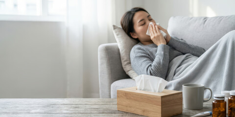 Home woman winter disease health with korean season unhealthy ache allergy asia autumn blanket blowing tissue couch living room cozy grey sweater sick female cold flu viral infection indoor