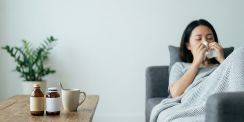 Home woman winter disease health with korean season unhealthy ache allergy asia autumn blanket blowing cold virus in living room