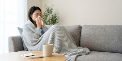 Home woman winter disease health with korean season unhealthy ache allergy asia autumn blanket blowing nose on sofa feeling cold and tired under warm cover