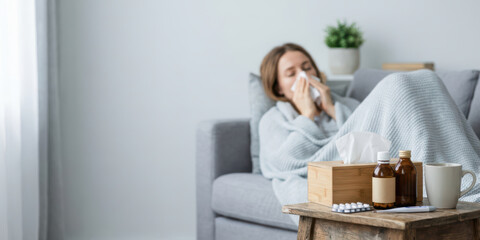 Home woman winter disease health with korean season unhealthy ache allergy asia autumn blanket blowing nose on sofa feeling sick and lonely