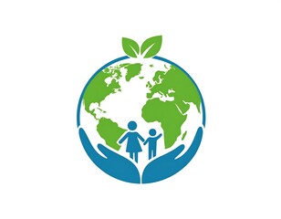 A stylized graphic showing a globe cradled by hands, with child figures in front. Two leaves on top