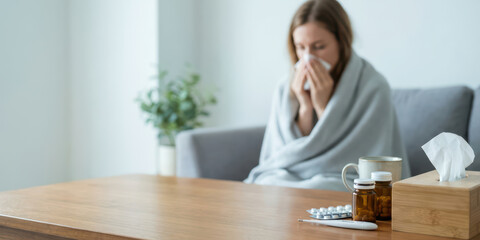 Sick woman winter allergy at home under blanket blowing nose unhealthy season disease with korean asia health ache