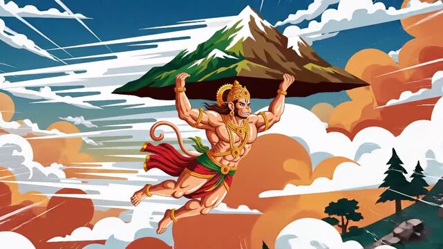 The mighty mythical flying hero Hanuman displayed incredible superhuman strength by lifting and moving colossal mountains through the sky.