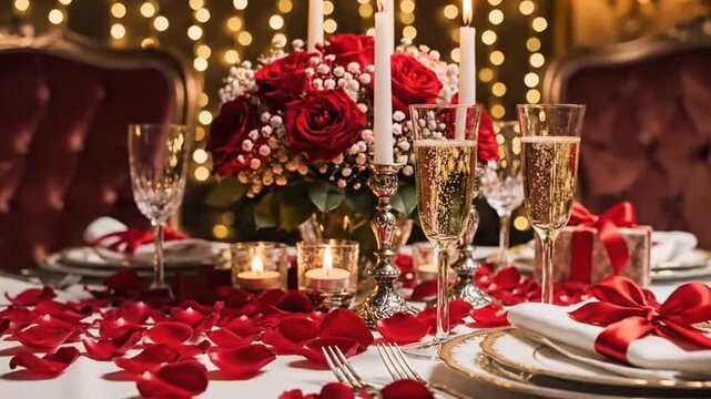 Romantic table setup with soft lights, rose petals, and warm ambience, perfect for Valentine themes.