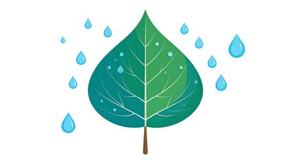 A stylized green leaf with a central stem, with a network of veins. Surrounding the leaf are multiple cartoon raindrops