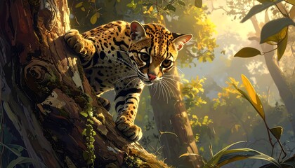 A spotted wildcat cautiously descends a tree in a sunlit tropical forest. Foliage surrounds the animal, and the light glows