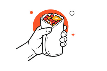 Hand holding a burrito with colorful ingredients in minimalist design