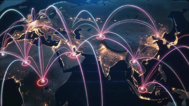 Futuristic world map with animated neon flight paths connecting cities around the globe