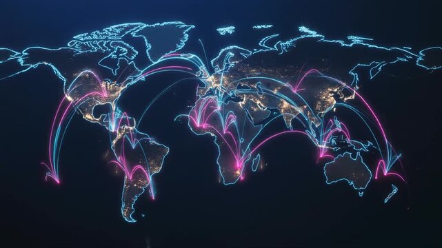 Futuristic world map with animated neon flight paths connecting cities around the globe