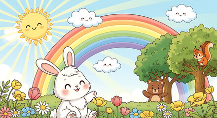 Fototapeta premium A cheerful cartoon scene with a happy bunny, a bear, a squirrel, a smiling sun, and a rainbow over a field of flowers.