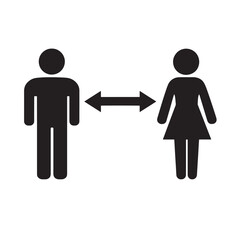Black male and female figures with distance arrows on white background social distancing people