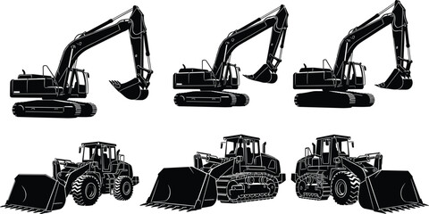 Black silhouette heavy construction equipment set with industrial excavators wheel loaders and bulldozers for civil engineering and building site projects © MdAbdul