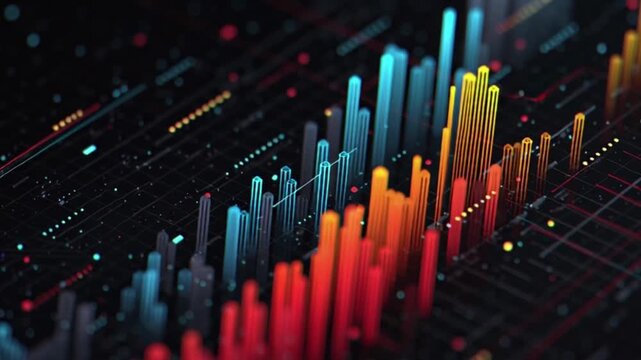 Abstract Digital Landscape with Colorful Bar Graphs and Data Visualization.