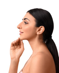 Beautiful young happy woman with healthy elastic skin isolated on white background