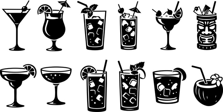Cocktail Drink Silhouettes Set - Black Vector Bar and Party Beverage Icons