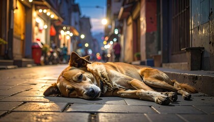 A street dog rests peacefully on a cobblestone alley in a warmly lit, urban environment. Buildings line the sides