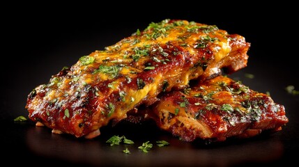 Savory Barbecue Ribs Topped with Melted Cheese and Fresh Herbs on a Dark Background for a Delicious Culinary Experience