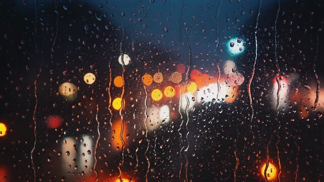 Closeup of raindrops sliding slowly down a train window while blurred city lights pass outside