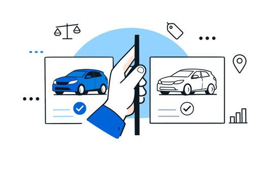 Blue and white car choice concept with hand and icons