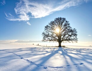 A solitary bare tree, sun blazing through its branches, casts long shadows on a snow-covered field under a bright, cloud-strewn blue sky