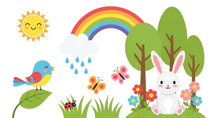Naklejka premium A whimsical cartoon illustration of a spring scene featuring a happy sun, a rainbow, a bird, butterflies, a bunny, and lush greenery.