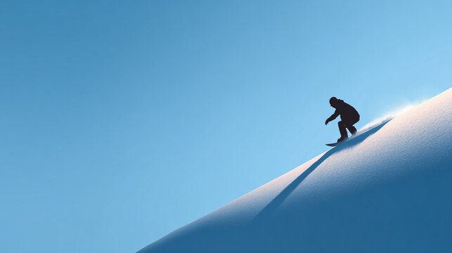 A snowboarder carving down a snowy slope against a gradient blue sky, creating a sense of dynamic motion and solitude