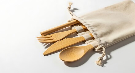 Eco-friendly bamboo cutlery set in reusable cloth pouch