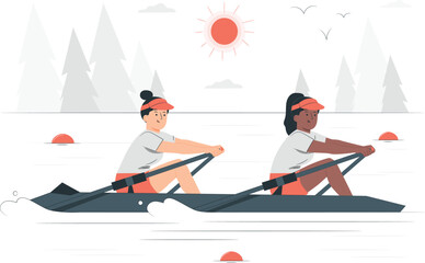 Two rowers competing in a serene lake surrounded by mountains and trees on a sunny day from a distant viewpoint © ak