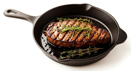 Juicy Steak Sizzling in Cast Iron Skillet