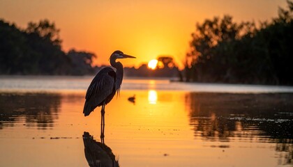 A solitary bird stands in serene water with the sun rising. The sky radiates with orange, reflecting on the tranquil surface